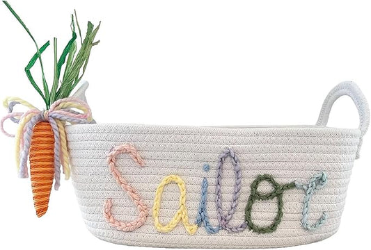 Personalized Rope Cotton Easter Basket Adorable Carrot Decorations Long Handle or Tie Handle Customizable with Child's Name (Style 2-Tie Handle)