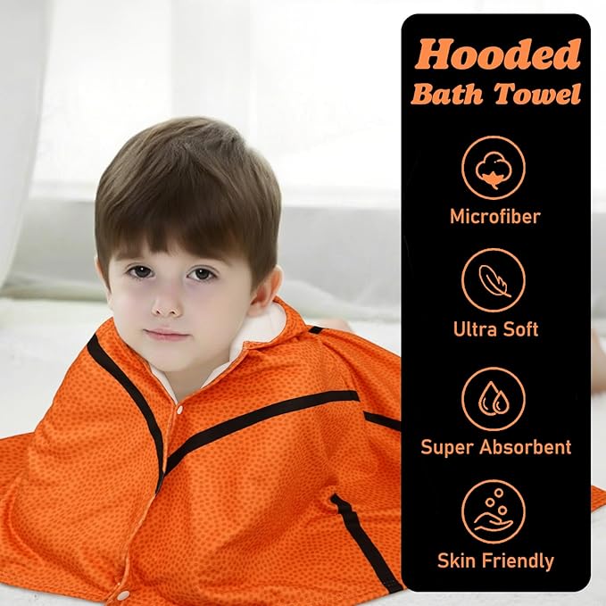 Hooded Towels for Kids Basketball 60" x 35" Toddler Bath Beach Towel Poncho with Hood Super Soft and Absorbent 100% Microfiber for Boys Ages 5-12