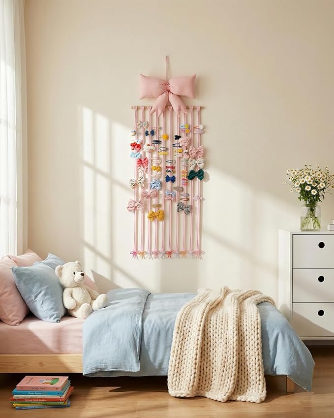 HAYVAN Bow Holder for Girls Hair Bows - 31.5"x11" Pink Bow & Hair Clip Organizer with Hanging Hook & Gift Card, Baby Bow Organizer and Nursery Room Decor