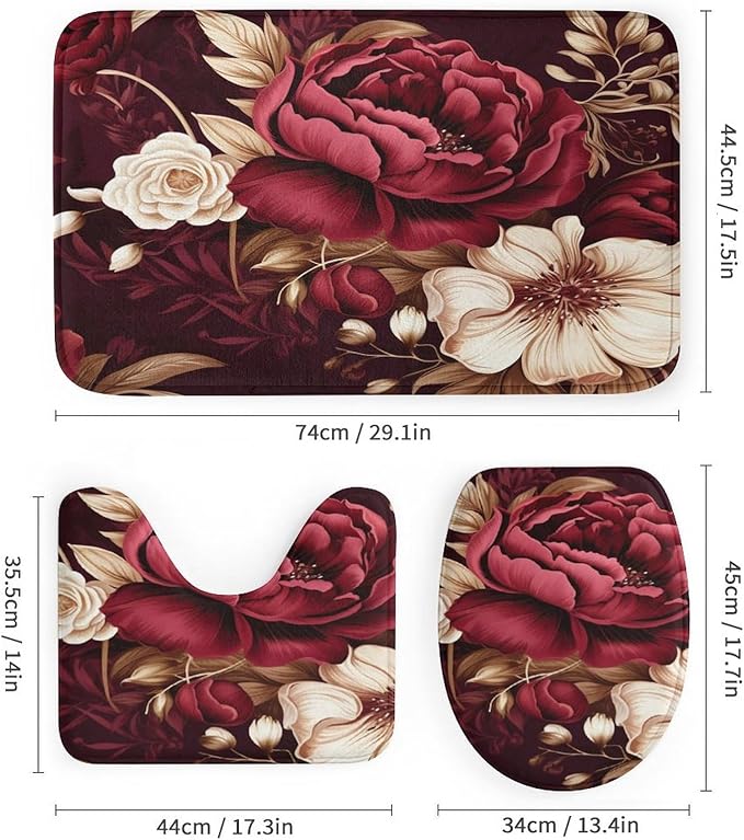 4 Piece Decor Shower Curtains Sets Rug Toilet Lid Cover and Non-Slip U Shape Mat Elegant Burgundy Floral Waterproof Fabric Bath Curtain Red and White Floral for Bathroom Decor Set