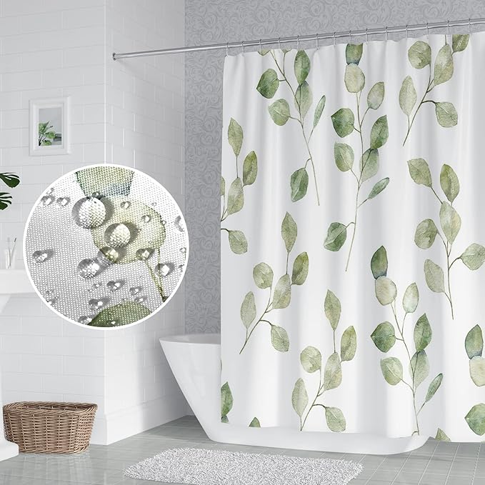 Green Eucalyptus Leaves Bathroom Nature Plants Watercolor Leaf Shower Curtain with Hooks, Polyester Waterproof Fabric Aesthetics Home Decor, 72x72 Inch