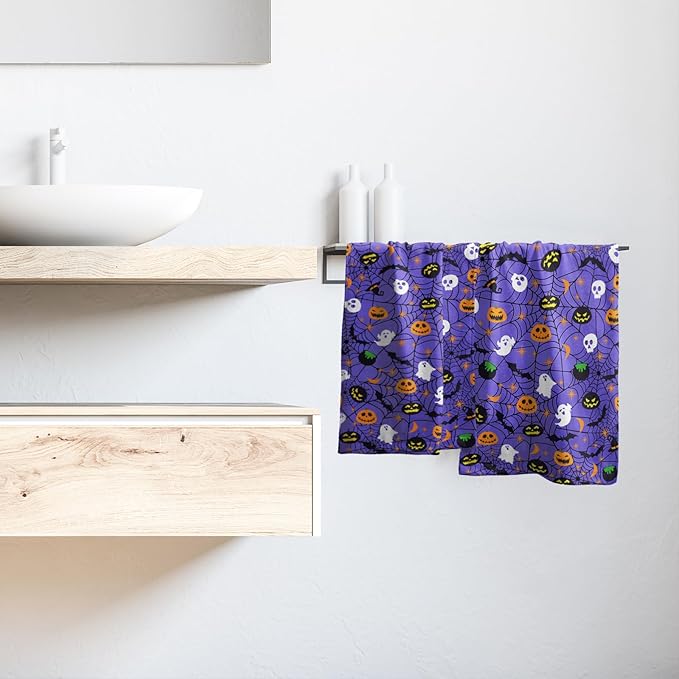 Halloween Spooky Bat Pumpkin Hand Towel Set of 2 Soft Absorbent Funny Halloween Scary Purple Spiderwebs Tea Towels Baking Cooking Wash Cloth for Bathroom Kitchen Bar Beach Gym Spa Decor 14x28 Inch