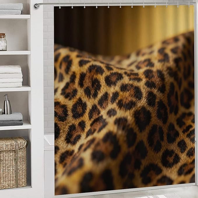 4 Piece Bathroom Rug Set with Shower Curtain, Non-Slip Bath Mat Toilet Cover Set, Leopard Print Bathroom Rug Sets