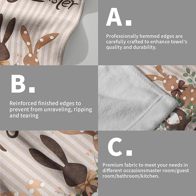 Happy Easter Bunny Hand Towels for Bathroom 2 Packs 14"x28" Polka Dot Rabbits Eggs Green Eucalyptus Decorative Kitchen Towel Brown Stripe Super Soft Drying Finger Towel for Home Hotel Gym