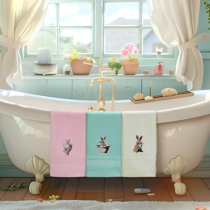 3 Pack Easter Hand Towels 13.4 x 29.2 Inch Cotton Embroidered Happy Easter Bunny Bathroom Towel Absorbent Decorative for Hand Drying Cleaning Gift