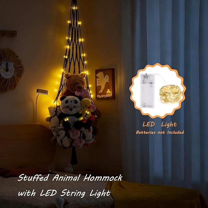 Stuffed Animal Hammock Corner Net with LED Light Plushies Storage Hammock for Stuffed Animals Boho Room Decor Macrame Wall Decor