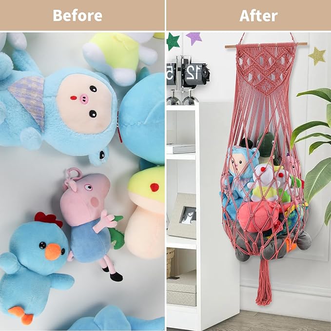 Stuffed Animal Hammock w/LED Star Light, 63 Inch Jumbo Toy Hammock Wall Hanging Plushie Net Holder for Boho Nursery Decor, Watermelon Red Stuffed Animal Storage Organizer for Kid Girls Boys Gift