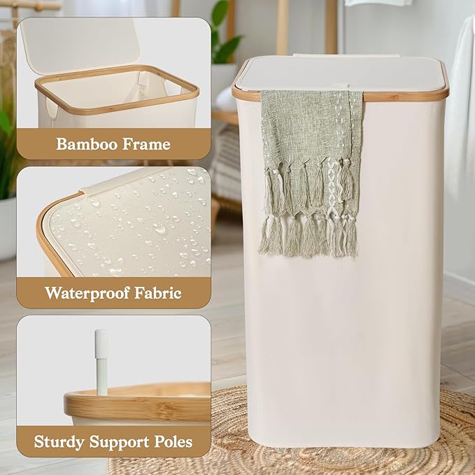 Laundry Baskest with Lid, 100L Large Tall Laundry Hamper with Removable Bag, Collapsible Laundry Hamper for Bedroom, Bathroom, Dorm, Laundry Room, Beige