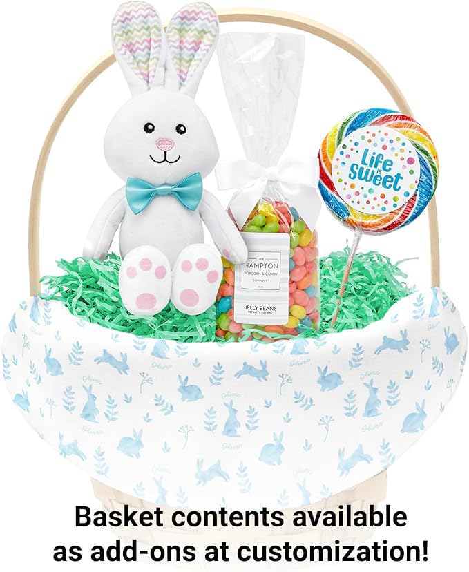 Let's Make Memories Personalized Easter Basket for Kids - For Boys - For Girls - Create Your Own - Fillable - Wicker - Easter Basket Stuffers - Large - Light Blue Rabbit