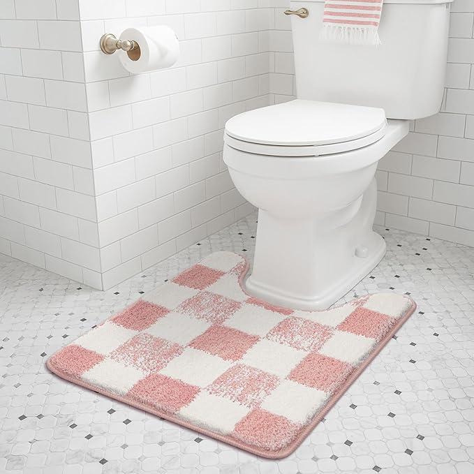 GRANNY SAYS Toilet Rugs U Shaped Washable Non Slip, Toilet Mats for Bathroom Soft Plush Shaggy Absorbent, Microfiber Bath Mats for Bathroom Toilets Cute Decor, 20" x 24", Checkered Pink