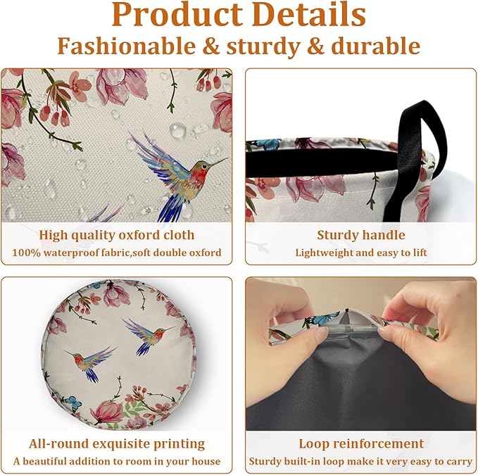 Colorful Flower Bird Butterfly Laundry Basket with Sturdy Handles, Retro Floral Collapsible Oxford Cloth Laundry Hamper Organizer Basket for Bathroom Bedroom 15.7x20 Inch