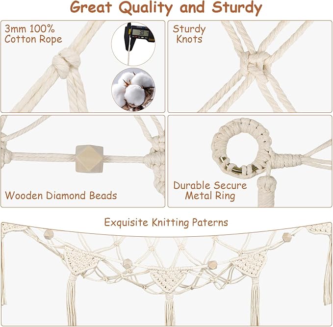 Stuffed Animal Hammock Corner, 57 Inch Large No Drilling Handcrafted Stuffed Animal Net, Natural 100% Cotton Boho Macrame Plushie Net Sturdy Stuffed Animal Storage Holder for Kid Room Nursery(Cream)