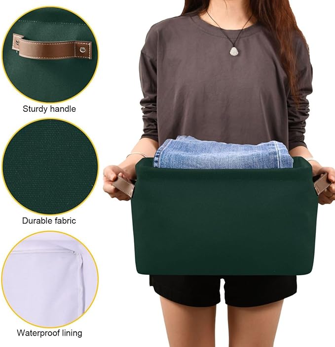 YETTASBIN Hunter Green Solid Color Storage Basket 1pc, Large Collapsible Toys Clothes Organizer, Durable Canvas Storage Bin with Handle for Shelves Closet Laundry Home Office Decor