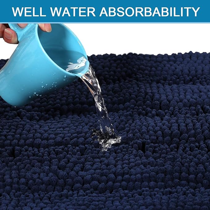 H.VERSAILTEX 3 Piece Bathroom Rugs Sets Thick Striped Bath Rugs Set for Bathroom Non Slip Soft Absorbent Bath Mat Set for Tub, Shower and Toilet(17''x24''+20''x32''+20''x24'' U-Shaped, Navy)