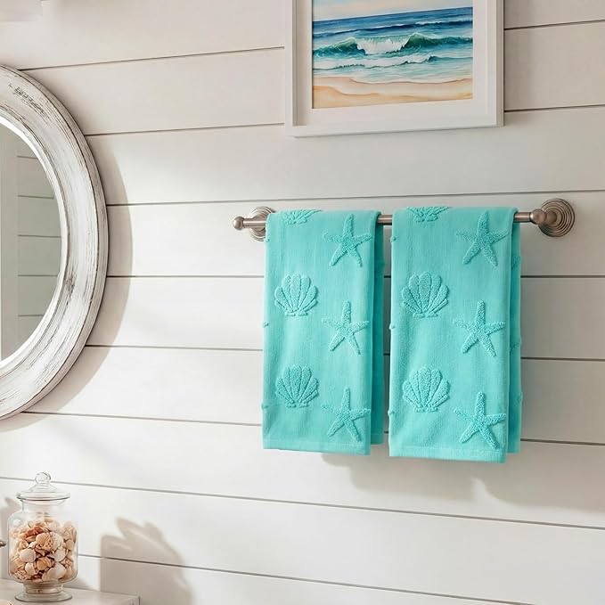 2 Pcs Coastal Hand Towels for Bathroom 100% Cotton Jacquard Weave Hand Towels Seashell Starfish Beach Soft Absorbent Washcloth for Spring Summer Kitchen Bathroom Home Decor, 29.5 x 13.8 Inch