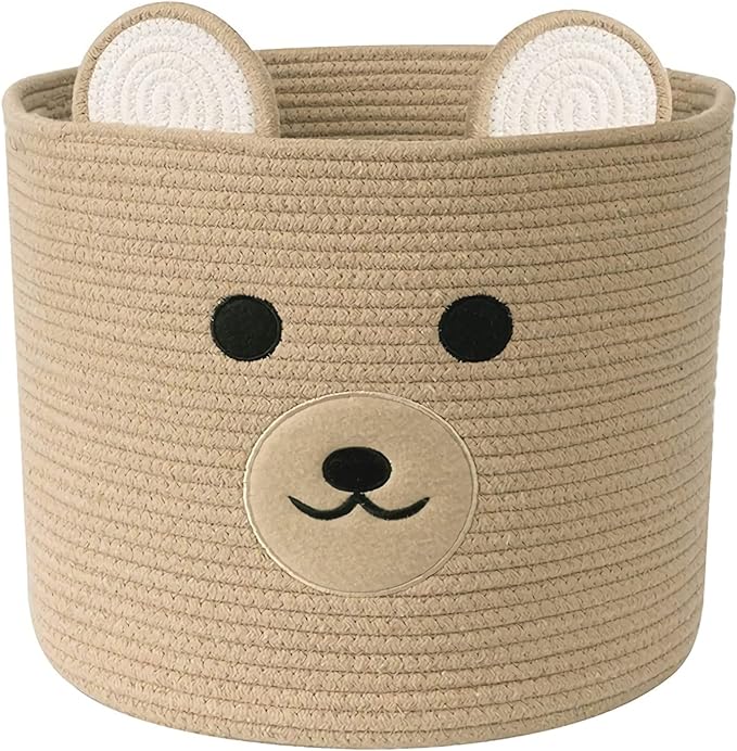 Bear Laundry Baskets Laundry Hamper Storage Baskets with Handles,Decorative Basket for Living room,Woven Storage Basket for Toys Bin Pillows Blankets Clothes (Khaki)