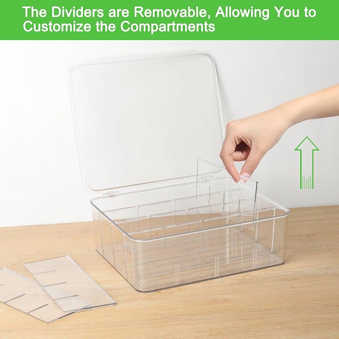 2-Pack Acrylic Sock and Underwear Organizer with Blank Label, Clear Plastic Organization and Storage Bins with Lid and Removable Dividers, Storage Box for Closet
