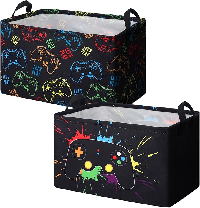 2 Pcs Rectangle Gamer Laundry Basket Hamper Foldable Kids Laundry Baskets Boys Hamper Waterproof Game Joystick Storage Basket Clothes Toys Organizer for Boys Bedroom Easter Gifts