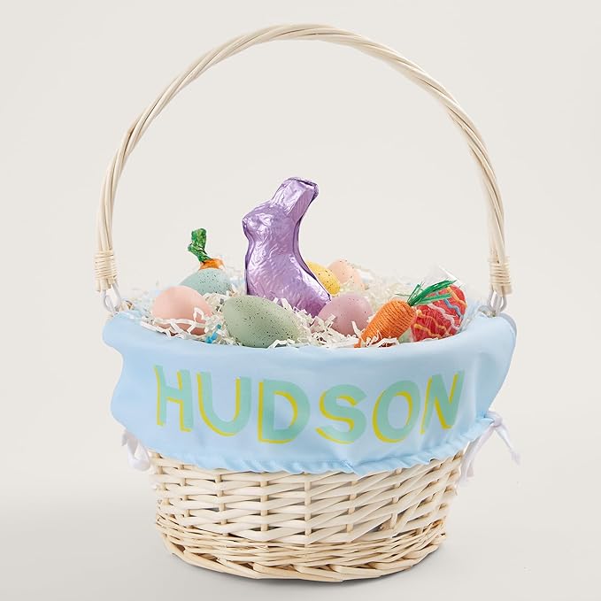 Personalization Universe Custom Shadow Name Embroidered Natural Easter Basket with Folding Handle – Personalized Easter Basket for Kids – Decorative Storage & Holiday Gift