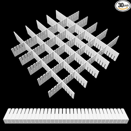 30Pcs Adjustable Drawer Organizer, White Plastic DIY Grid Drawer Dividers, 15.75x1.97x0.1in, for Socks, Underwear, Makeup, Cosmetic, Clothes