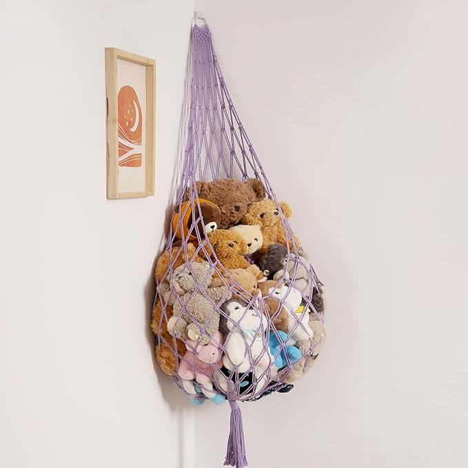 Upgrade Stuffed Animal Hammock Corner or Wall Hanging Net for Stuffy Animal Storage Macrame Toy Display Over Door Toy Holder Kid Bedroom Decor Playroom Organizer (Purple XL)
