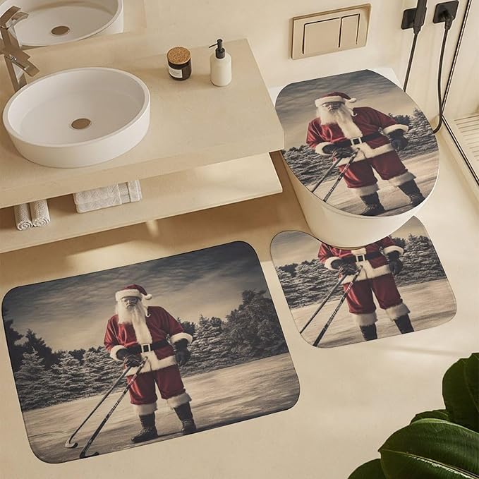 4 Piece Shower Curtain Sets Shower Curtain and Rugs Shower Curtain Set Santa Claus Playing Hockey Ice Skate Sport Durable and Waterproof Hockey Player for Bathroom Decor