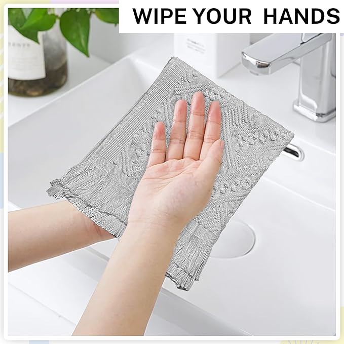 4-Pack Cotton Bathroom Hand Towels – Boho Hand Towel Set with Jacquard Weave & Fringe, 13"x29.1" Absorbent Soft Face Set for Kitchen/Bathroom(Beige/Brown) (LightGray)