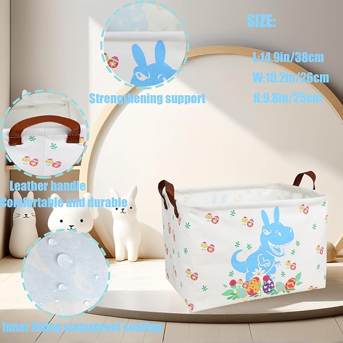 Large Rectangular Cute Kid Easter Basket Empty Bunny Eggs Easter Basket Gift Spring Room Storage Organizer Décor (Blue Dinosaur Easter Egg)
