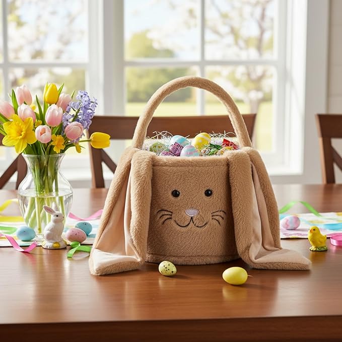 Plush Easter Bunny Basket, Easter Egg Hunt Basket with Soft Long Ears,Bunny Bucket Tote for Candy Easter Party Favors (Plush-Brown)