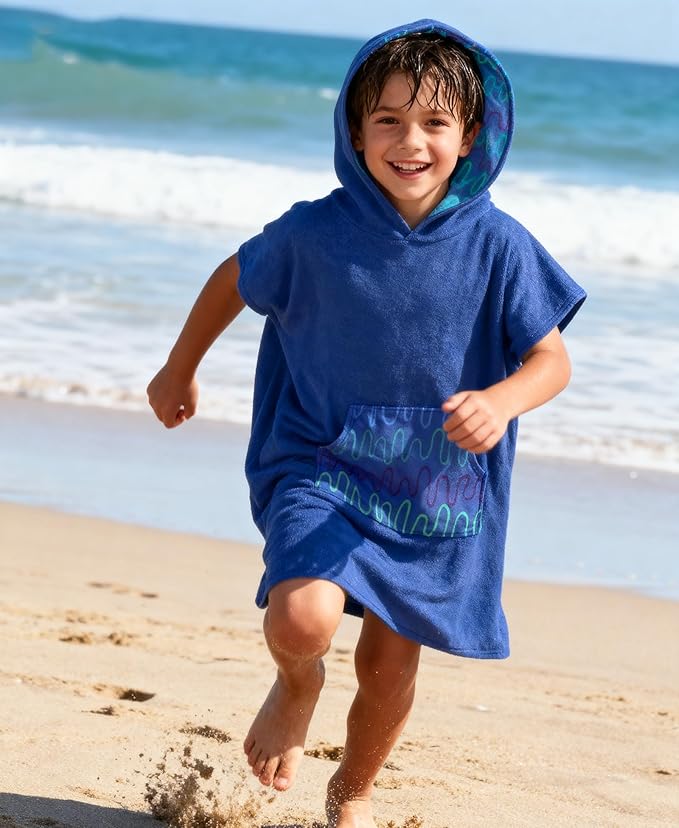 MissShorthair Towel Poncho for Kids, Hooded Beach Towel for Girl&Boy, Surf Poncho Swim Changing Robe Microfiber Bath Towel 7-10 Years Dark Blue