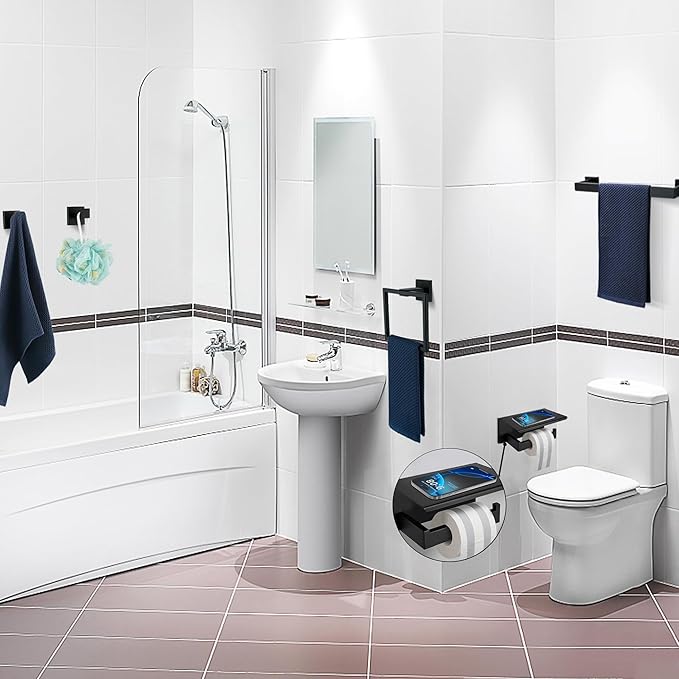 5 Pieces Bathroom Hardware Accessories Set Matte Black, 24Inch Square Towel Racks Set for Bathroom, SUS304 Stainless Steel Towel Bar Set, Toilet Paper Holder with Shelf Wall Mounted