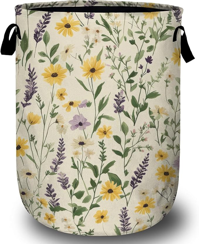 Daisy Lavender and Buttercups Laundry Basket, Laundry Hamper Collapsible Oxford Cloth with Handle Clothes Toy Storage Bin for Bathroom Laundry Room Bedroom 15.7 X 20 Inch