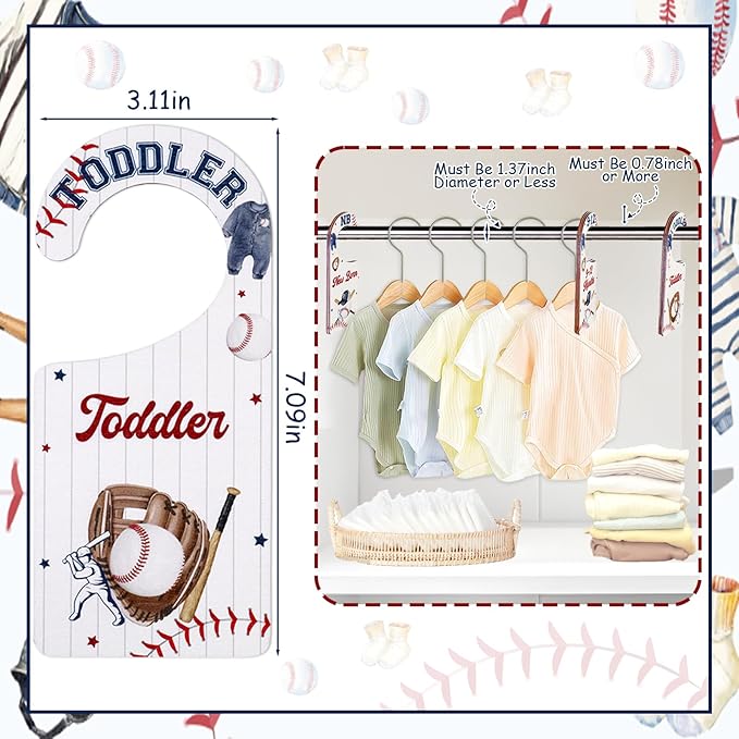 Baby Closet Dividers 8PCS, Baseball Theme Wooden Double-Sided Clothes Size Hanger Organizer from Newborn to Toddler for Nursery Decor Baby Shower Birthday Gift (Includes Gift Box)