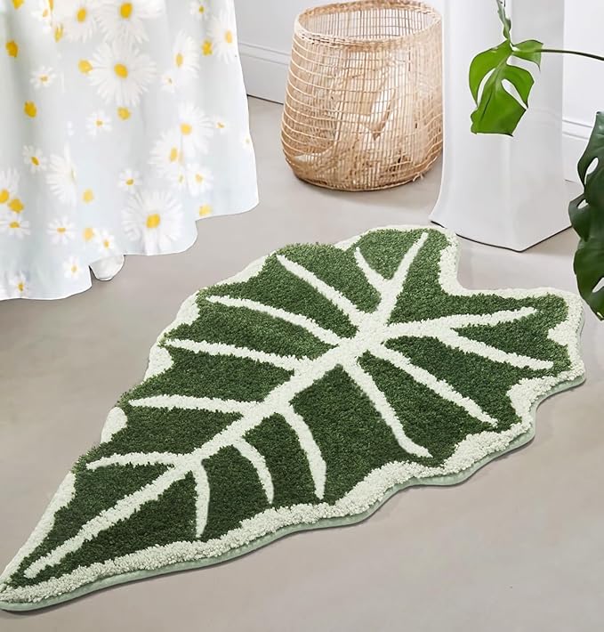 Green Leaf Bathroom Rugs-Tropical Leaves Shaped Bath Mat for Cute Bathroom Decor Alocasia Leaf Plant Rug for Boho Bedroom Washable Sage Green Shower Mat 20''x35.5''