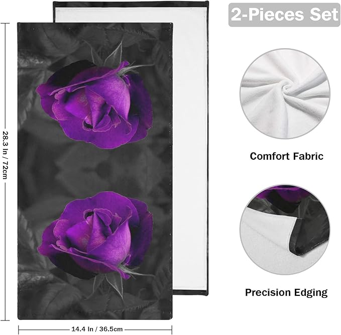 Hand Towels for Bathroom Set of 2 Vintage Elegant Rose Floral Purple Romantic Flowers Black Leaves Soft Absorbent Bath Towels Decorative Kitchen Guest Dish Towel for Gym,Spa,Hotel 28x14in