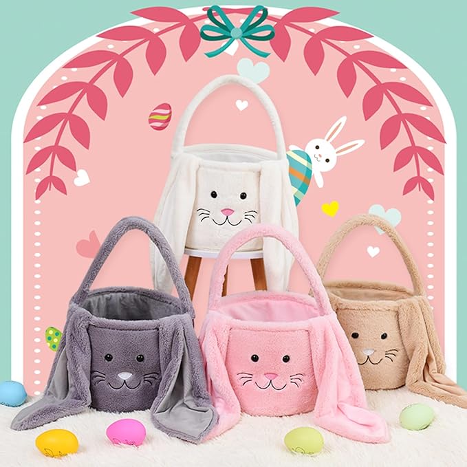 Plush Easter Bunny Basket Bags for Kids, Rabbit Bucket Tote with Long Fluffy Ears, Cute Egg Hunts Party Storage Candy Gifts Carry Bucket Decorations (Gray)