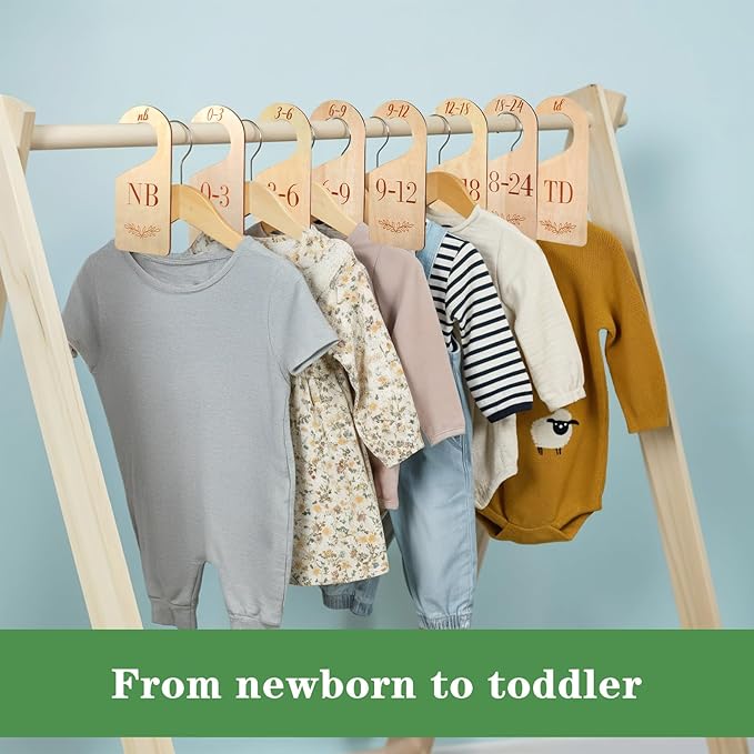 Baby Closet Dividers for Clothes Organizer -8Pcs Wooden Baby Clothes Size Dividers from Newborn to Toddler, Double-Sided Gender Neutral Babys Cloth Organizer