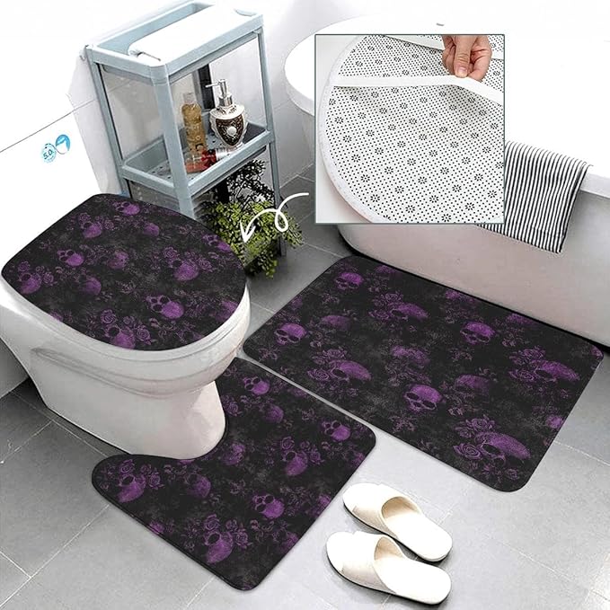 Gothic Skull Bathroom Set, 4-Piece with Shower Curtain 71x71, Bath Mat, Contour Rug, Toilet Lid Cover, Purple Roses Skull Pattern(Purple 1)