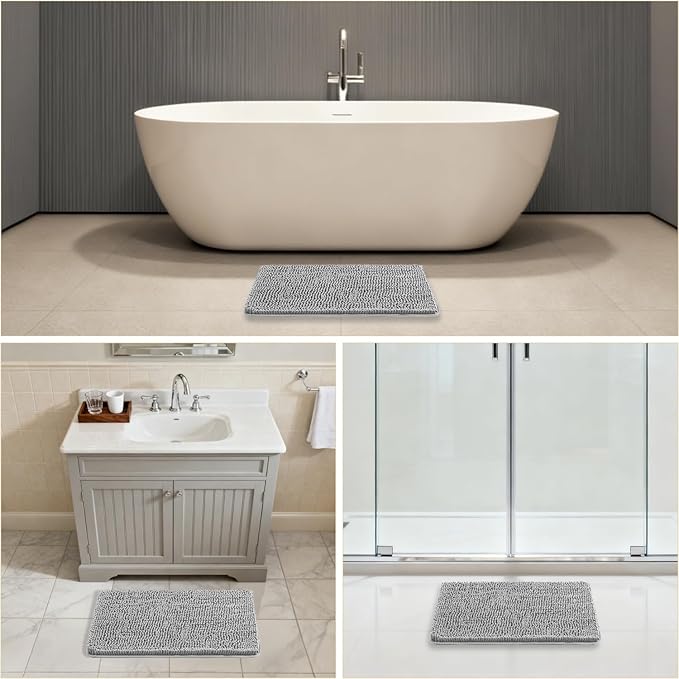 Gray Bathroom Rugs 17"x24" - Plush Chenille Non-Slip Bath Mat - Absorbent, Washable, Soft and Thick Decor for Shower, Sink, Kitchen, Tub, Home Accessories