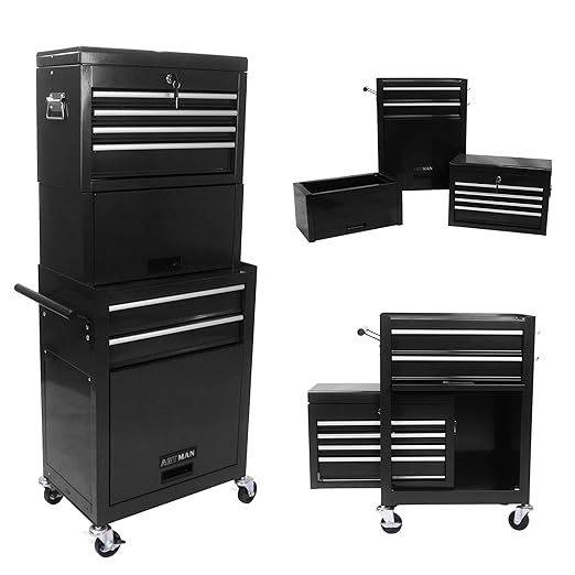 Rolling Tool Chest, Garage Tool Box, 6-Drawer and 2 Cabinets Lockable Tool Cabinet, 2 in 1 Detachable Tool Box Storage Organizer Suitable for Workshops, Warehouses, Repair Shops, Black