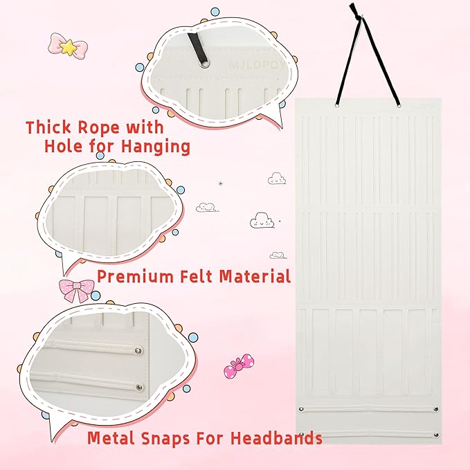 Hair Bow Organizer for Girls, Baby Hair Clips Holder Wall Hanging, Large Felt Bow Storage Display for Girls Hair Bows & Claw Clips, Ribbons, Headbands – Nursery Room Decor (Ivory White)