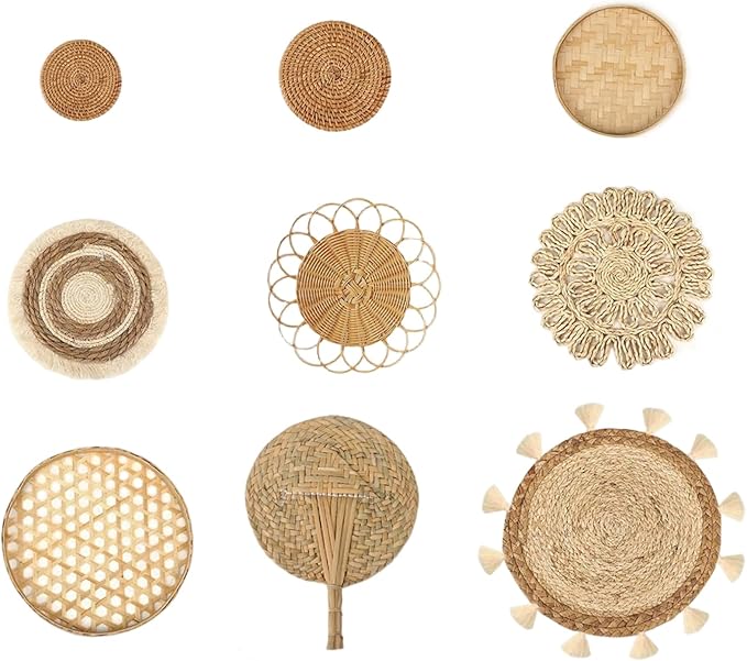 Boho Wall Baskets 9Pcs/Set Boho Wall Basket Decor Different Size & Style Woven & Round Decorative Art for Living Room Bedroom Farmhouse Nursery.