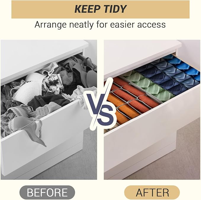 3 Pack 72-Cell Fabric Sock Organizer and Tie Organizer For Men - Fabric Foldable Drawer Divider for Socks, Underwear, Ties and Belts - Foldable, Multi-Cell Design, Space-Saving (Grey)