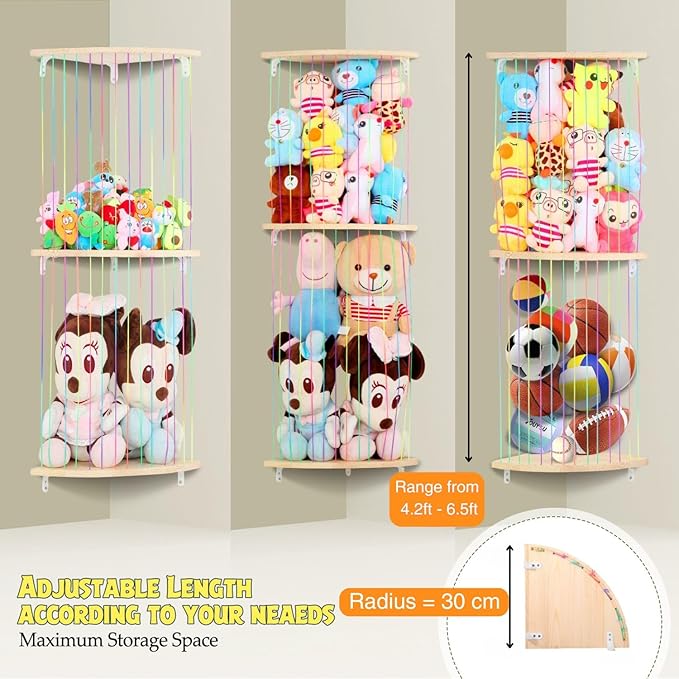 Stuffed Animal Storage Hammock, Wood Stuffed Toy Holder, Playroom Nursery Toy Storage Organizer, Decorative Wall Hanging Caddy Corner Stuffed Animal Net, Soft Toy Net for Kids Room Décor