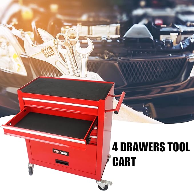 4-Drawer Rolling Tool Chest Cabinet, Large Capacity Metal Tool Box with Wheels, Storage Organizer Tool Cart for Garage, Warehouse, Work Shop (Red)