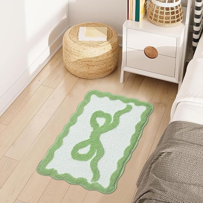 Green Bow Bath Mat - Scalloped Bow Bathroom Rug Easter Spring Room Decor Microfiber Bath Mat Water Absorbent Non Slip Shower Carpet Girls Bedroom Aesthetic Preppy Rug (Green, 20" x 32")