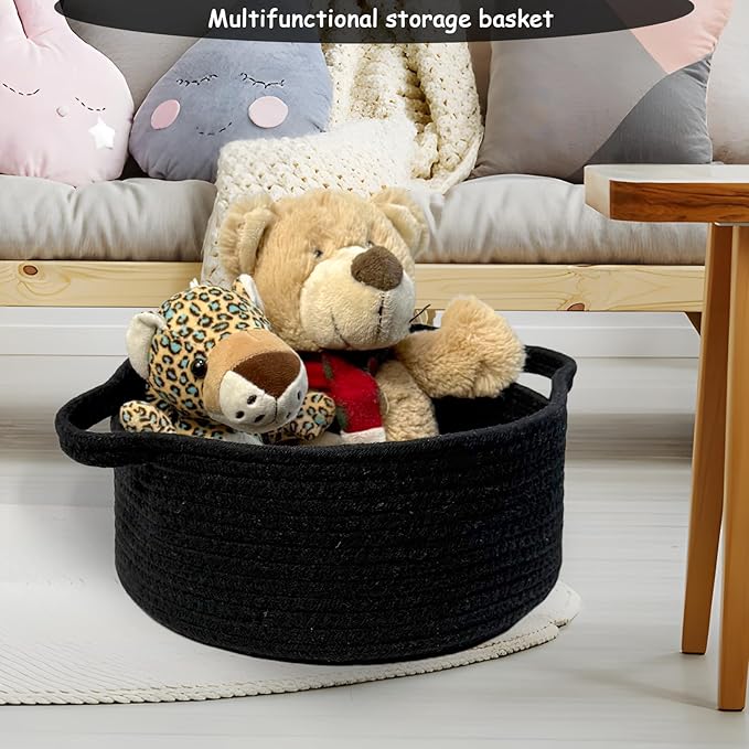 COMFY HOMI Small Woven Gift Baskets with Handles, Gift Bags and Ribbons - Cotton Rope Storage Basket for Organizing, Dog Toy Basket Box, Gift Baskets Empty, Mother’s Day-φ11X5 Inch（all black）