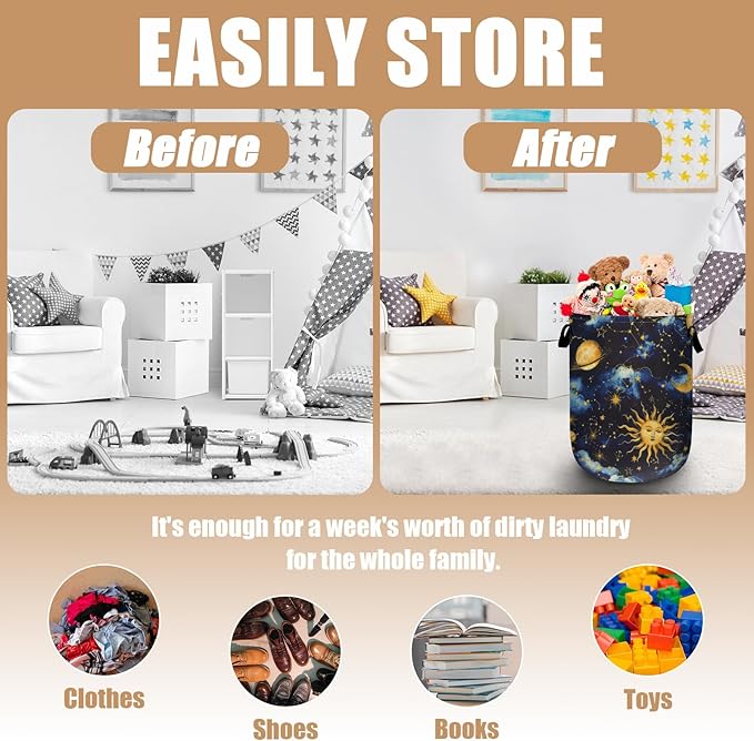 Sun Moon Laundry Basket, Foldable Cloudy Starry Night Laundry Hamper Tote Bag Dirty Clothes Storage Bucket Toy Organizer for Bathroom/Laundry/Bedroom 15.7"x19.6"