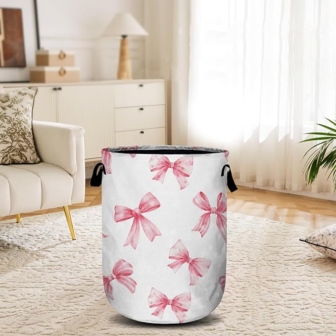 Pink Bow Laundry Basket, Laundry Hamper Collapsible Oxford Cloth with Handle Clothes Toy Storage Bin for Bathroom Laundry Room Bedroom 15.7 X 20 Inch