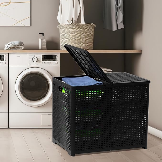 Asking 80L Collapsible 2 Section Divided Clothe Hamper, Plastic Folding Laundry Basket, Black, F
